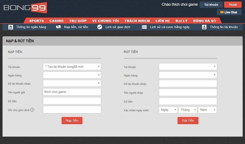 cách đăng ký và nạp tiền Bong99