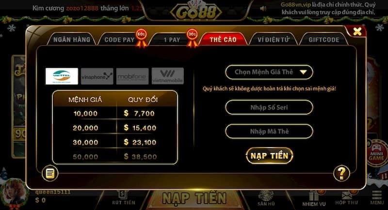 Nạp tiền bằng thẻ cào điện thoại Go88